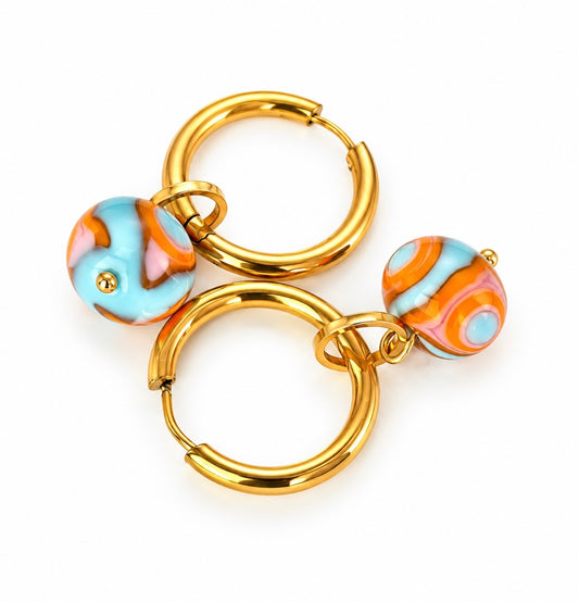 Boucle d'oreille créole dorée Murano bleu & orange